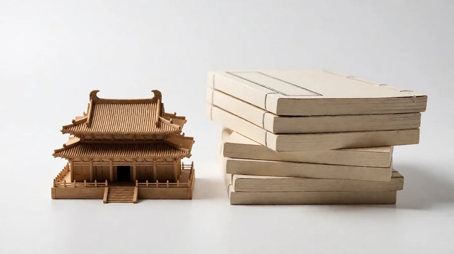 葵司成人主题作品作品整理配图;古建筑模型与一叠素色书册